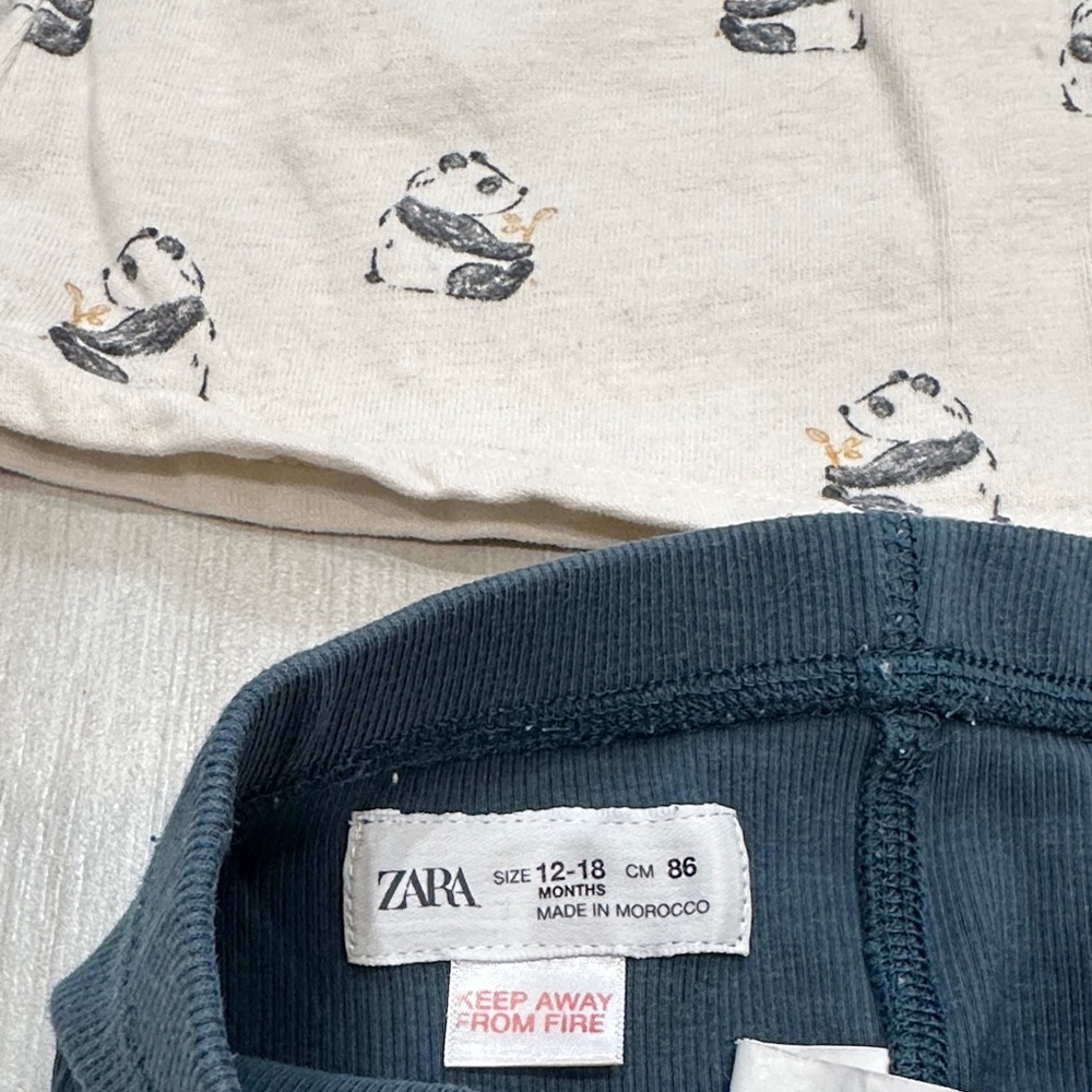 Zara 12-18M Cream Panda Print Top and Teal Ribbed Leggings Pants - Picture 6 of 11